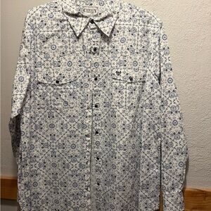COWBOY Casusal Button-Down Shirt - White with Blue Pattern